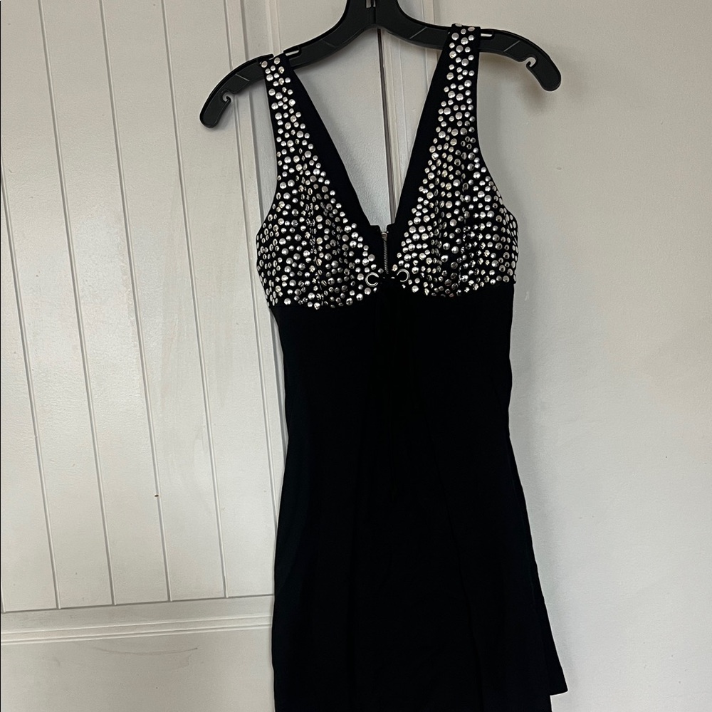laROK little black dress with silver flat studs and tie front. Stretchy. Size S.